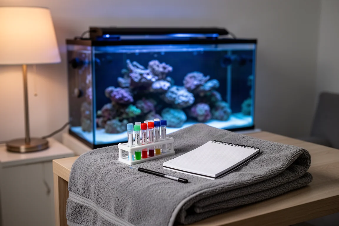 Softly lit home reef aquarium at dusk behind a tray of testing vials