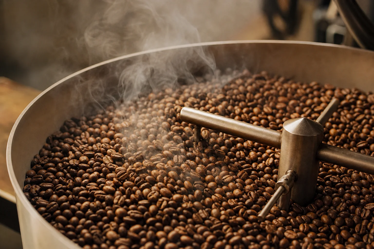 Frisch geröstete Kaffeebohnen kühlen in einer Probenröster-Schale ab