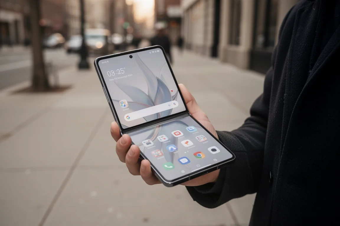 Person benutzt ein großes Falt-Smartphone einhändig in einer Stadtumgebung