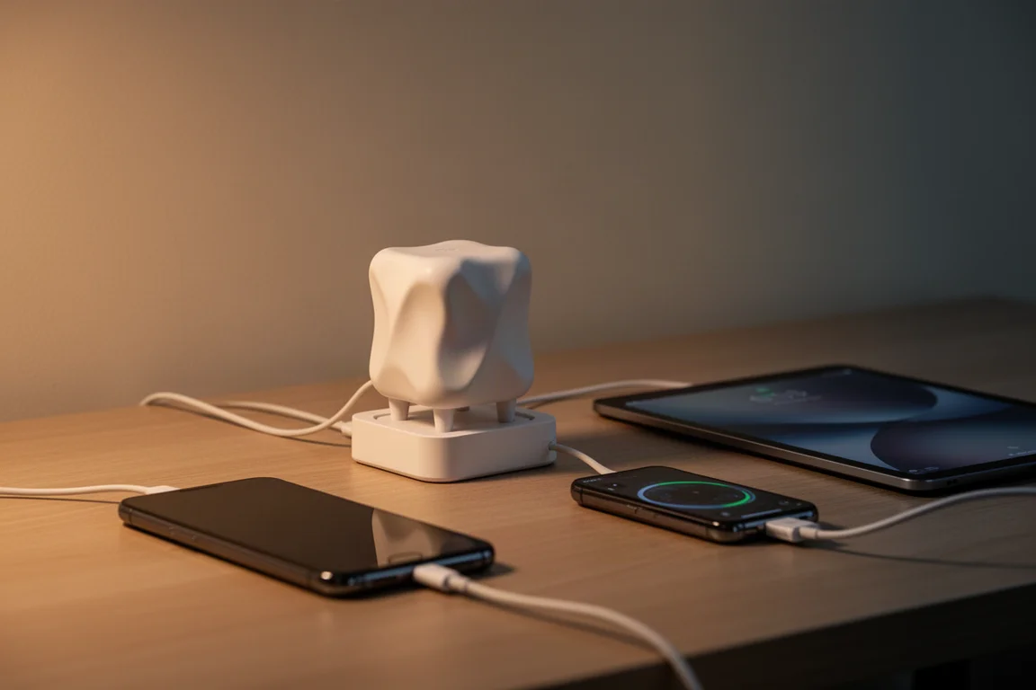 Schreibtisch-Lade-Setup mit einem 65W-Ladegerät, das mehrere Geräte versorgt