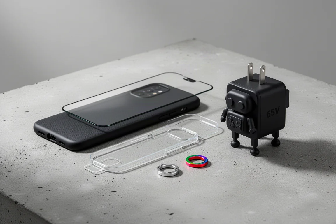 Fold accessories including a grip case, screen protector tray, metal adapter rings, and a sculpted 65W charger on concrete