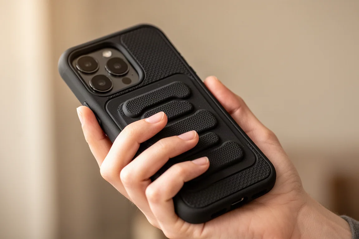 Persona che regge uno smartphone di grandi dimensioni con una mano grazie a una cover grip texturizzata