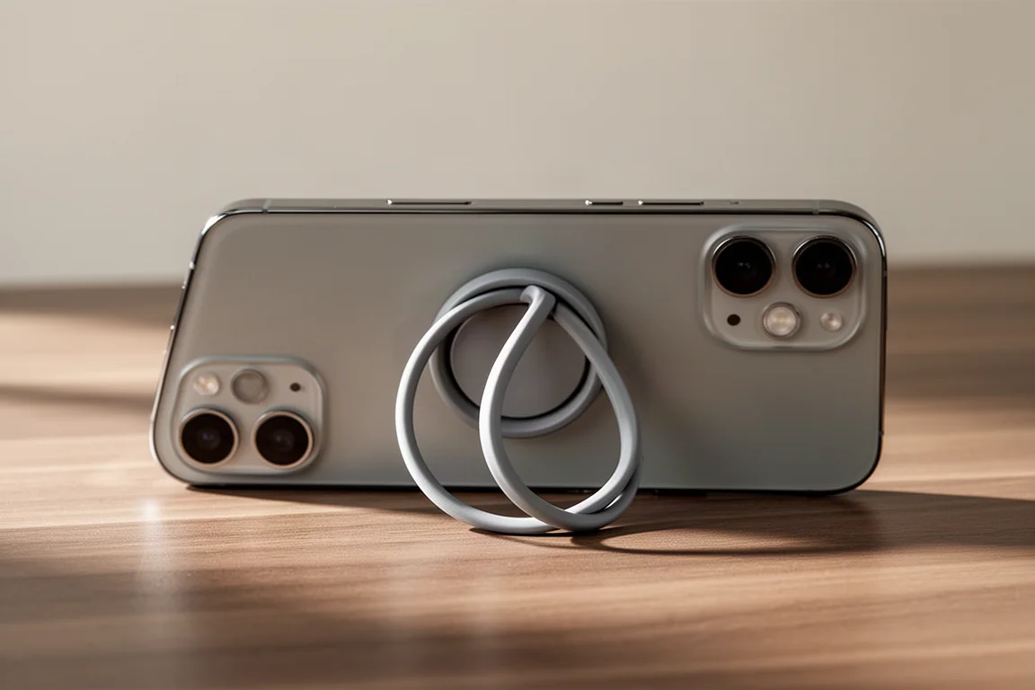 Sottile accessorio grip da dito che si apre dal retro di uno smartphone