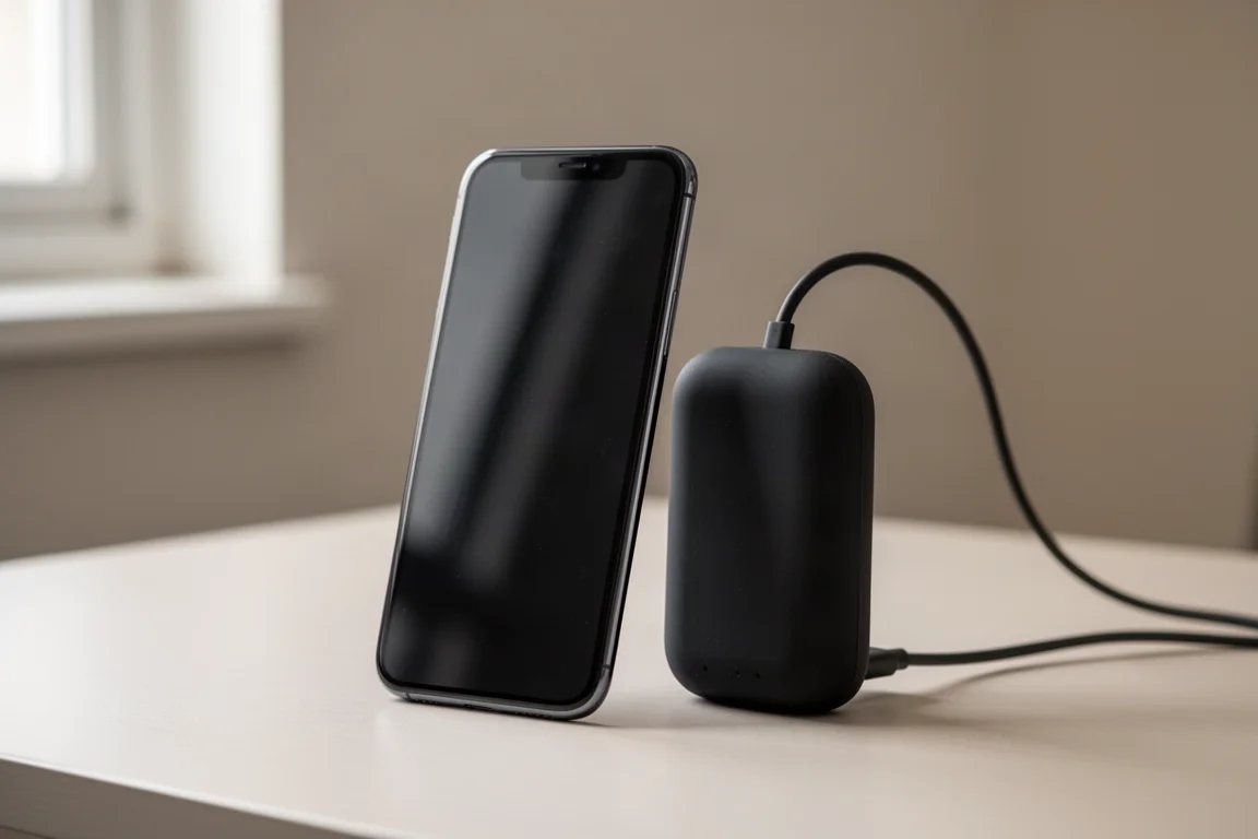 Power bank posizionato dietro uno smartphone in carica su una scrivania con un cavo corto