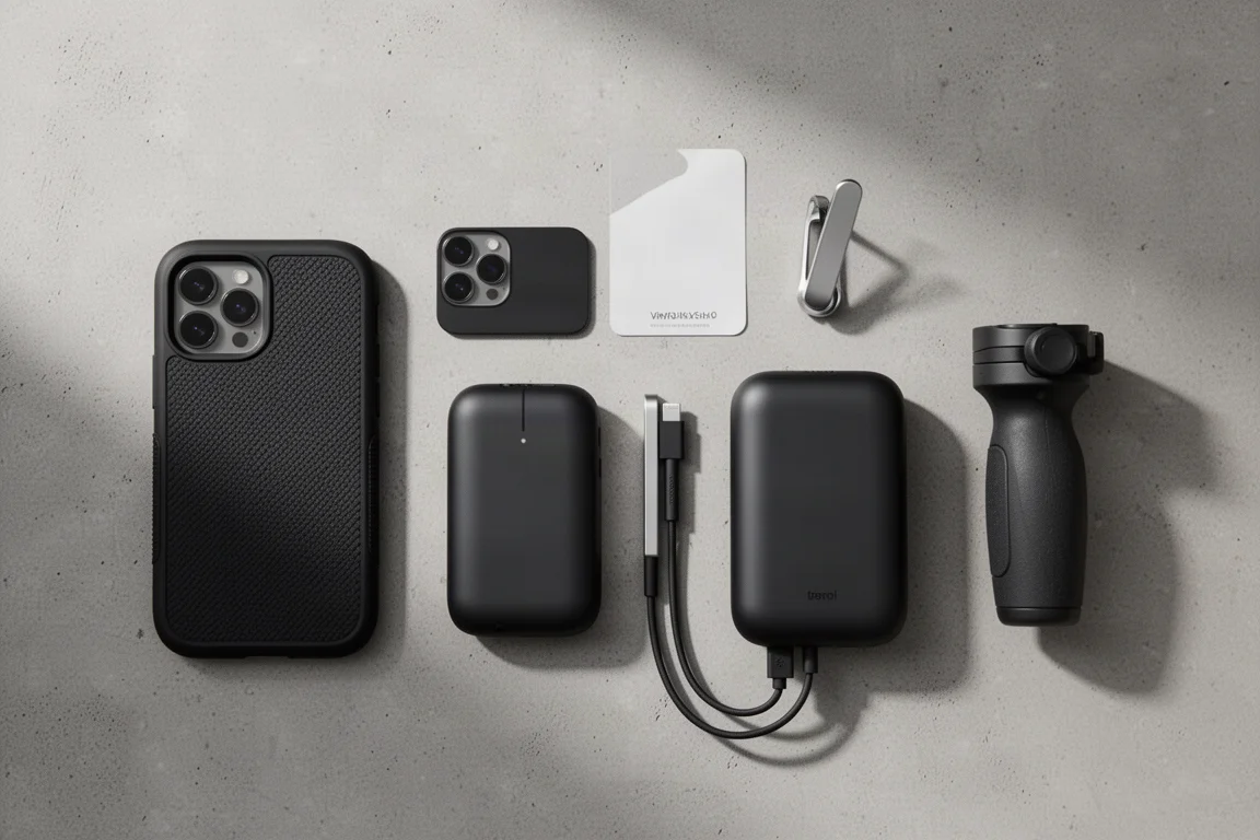 Vista dall'alto di una cover grip, una skin per telefono, un grip da dito, un power bank e un grip per fotocamera su cemento