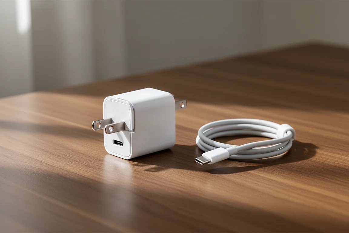 Kompaktowa biała ładowarka sieciowa USB-C ze składanymi bolcami na drewnianym biurku