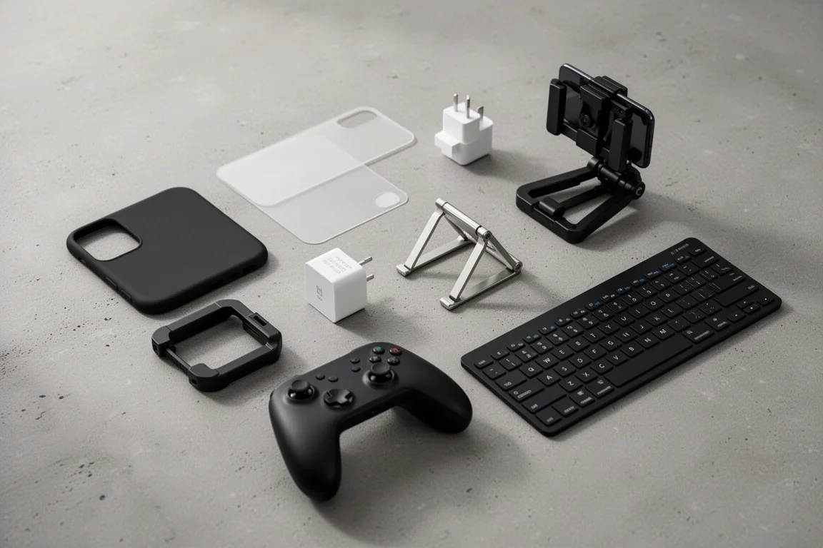 Flat-Lay von sieben Galaxy-S22-Zubehörteilen inklusive Hülle, Ladegerät, Gaming-Controller und Tastatur auf Beton