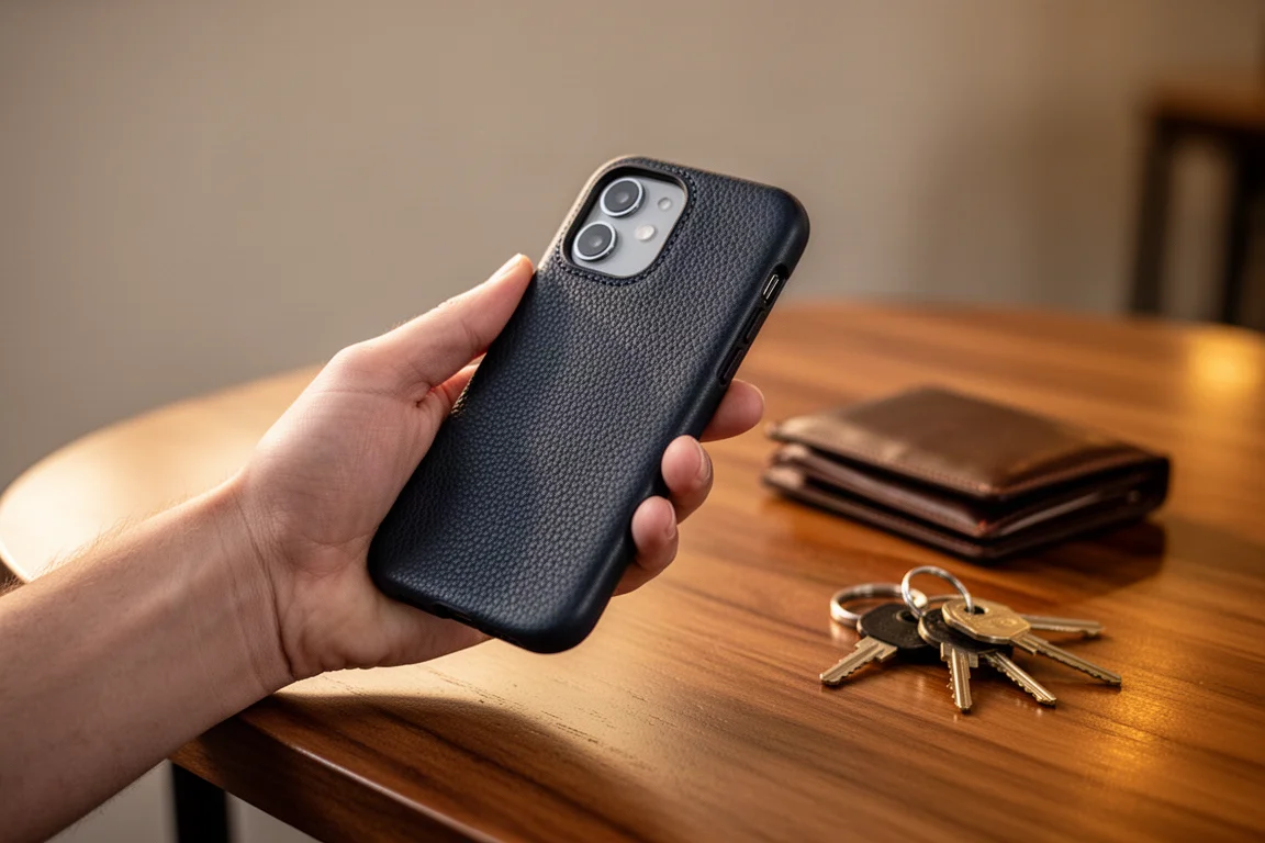 Persona sosteniendo un smartphone con funda de cuero en una mesa de cafetería por la noche