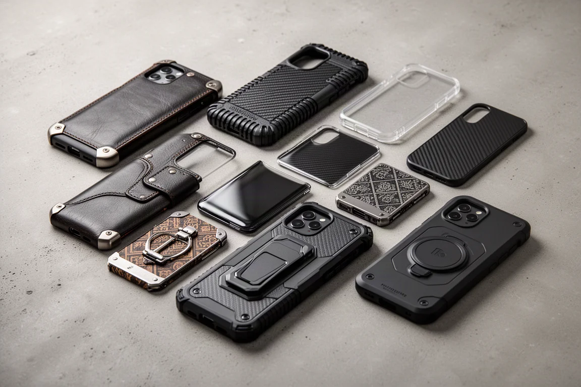 Eight Samsung Galaxy S26 phone cases of different styles arranged on a concrete surface