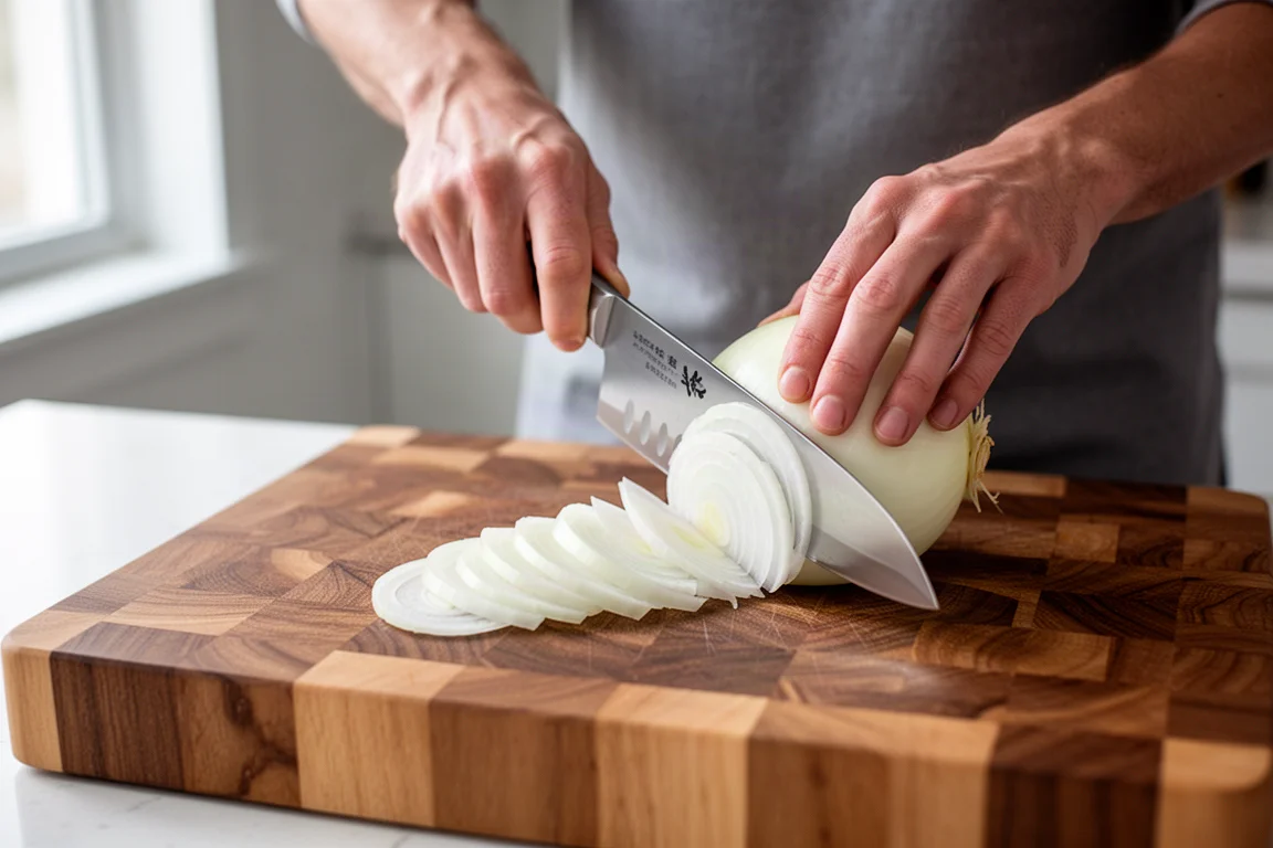 Koch schneidet eine Zwiebel auf einem Holzschneidebrett mit einem Santoku-Messer