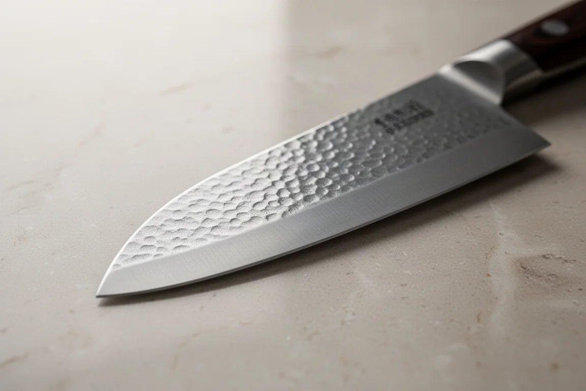 Nahaufnahme einer Santoku-Klinge mit Birnenschalen-Oberfläche auf einer Steinablage