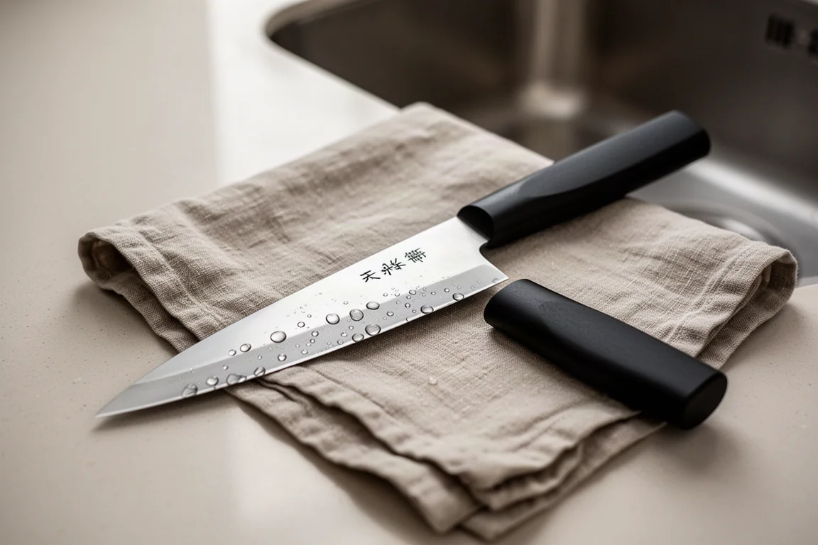 Schlankes Santoku-Messer mit westlichem Griff, das auf einem Tuch trocken abgewischt wird