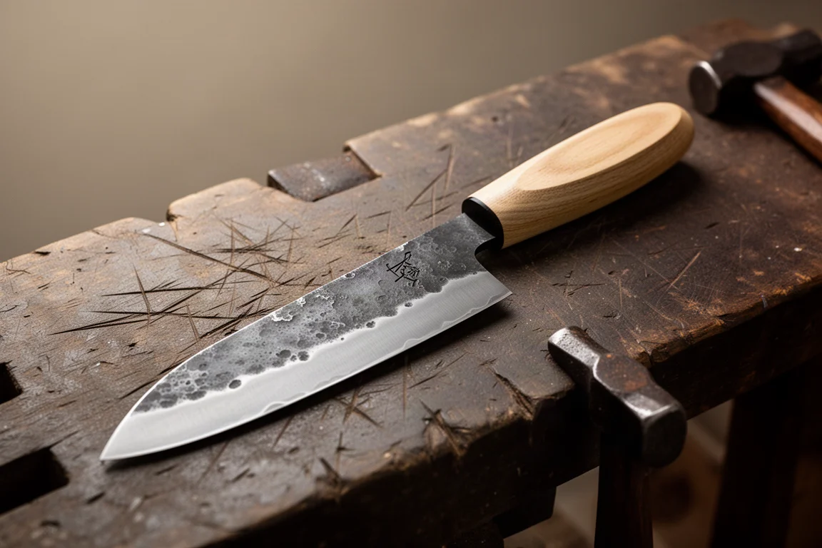 Handgeschmiedetes Santoku-Messer mit hölzernem Wa-Griff auf einer dunklen Werkbank