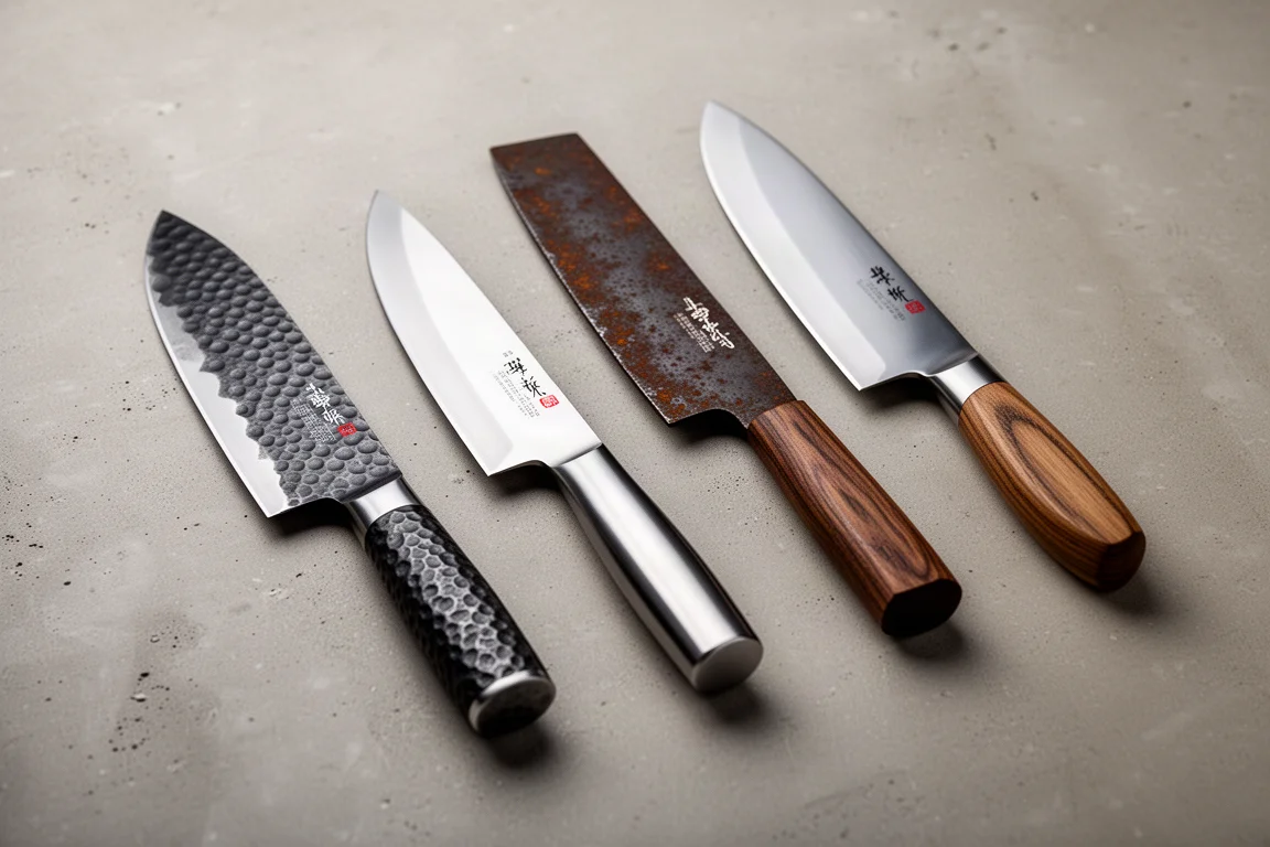 Vier japanische Santoku-Küchenmesser in einer Reihe auf einer Betonoberfläche
