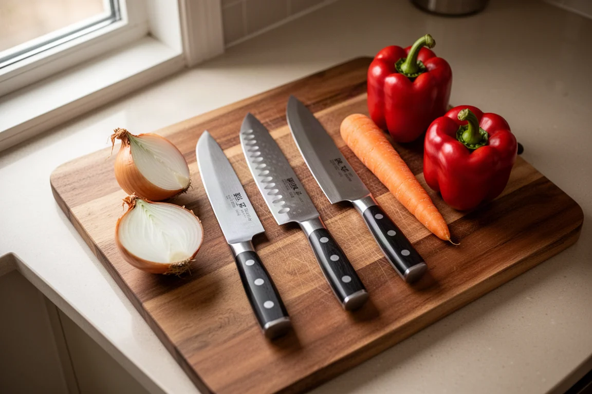 Drei japanische Santoku-Messer in einer Reihe auf einem Schneidebrett mit Gemüse daneben