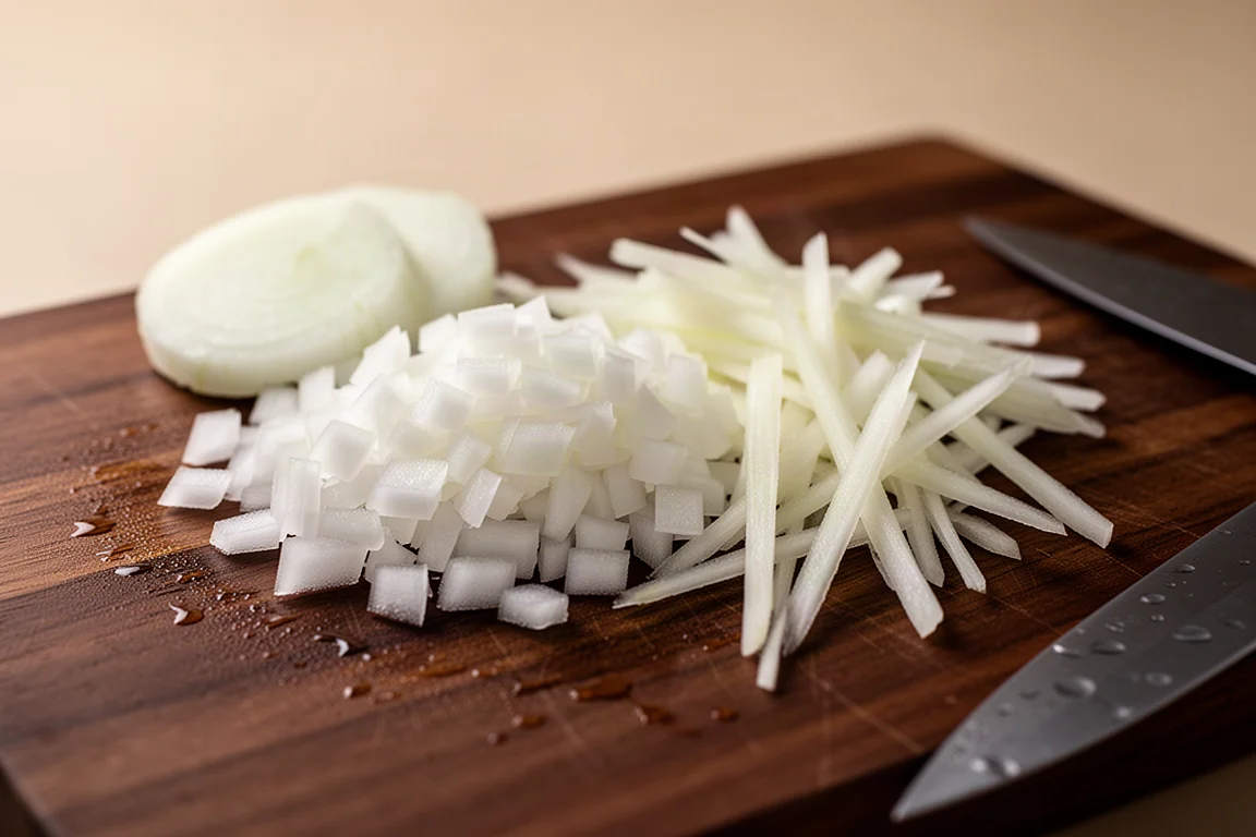 Frisch gewürfelte Zwiebel und Julienne-Streifen auf einem Schneidebrett nach der Vorbereitung