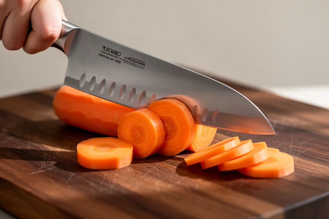 Eine Hand führt ein Santoku-Messer durch Karottenscheiben auf einem Schneidebrett