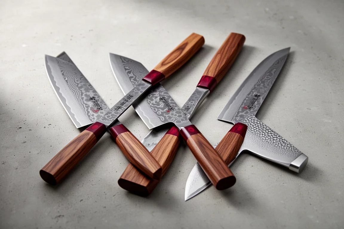 Three Japanese santoku knives with Damascus and Nashiji blades on a concrete surface