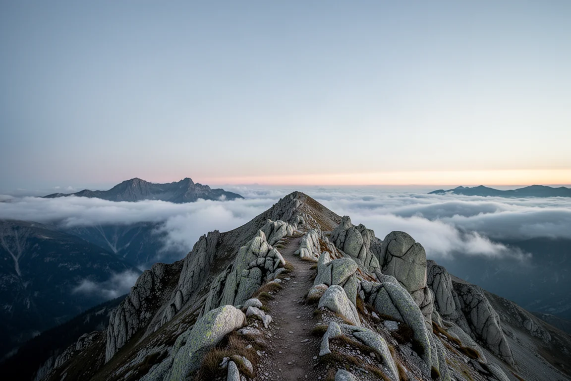 Cresta alpina alta al atardecer con un sendero tenue entre afloramientos de granito y nubes en el valle