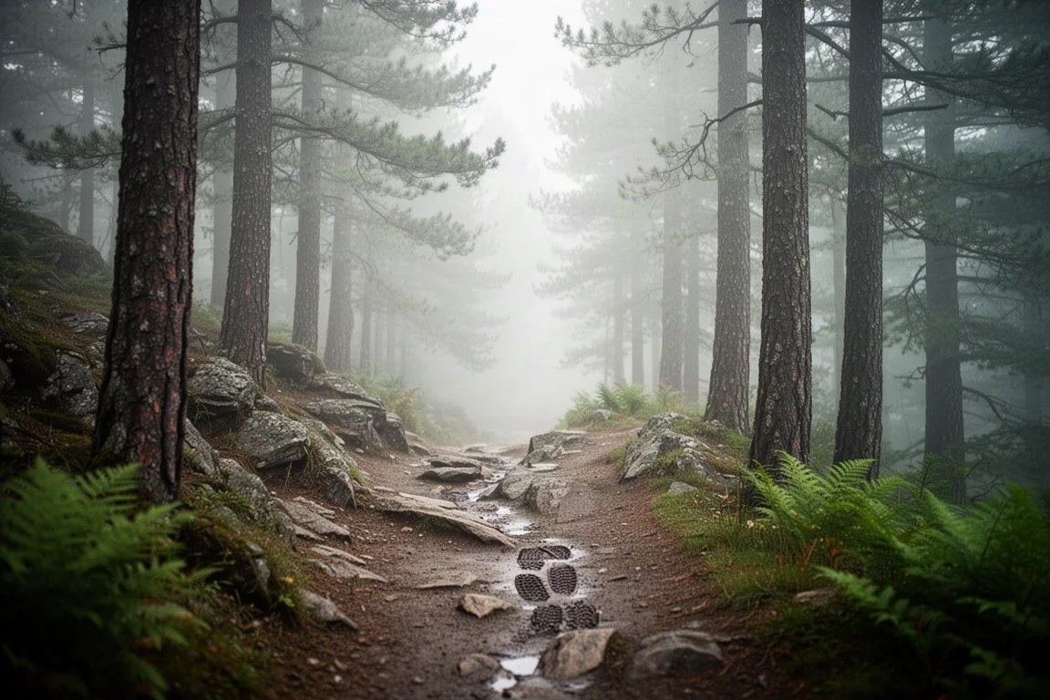 Sendero de montaña rocoso que se bifurca entre pinos con niebla matinal