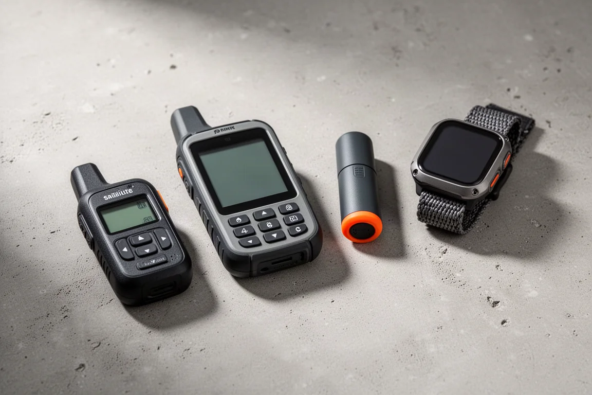 Satellite messengers, handheld GPS units and a rugged smartwatch arranged on concrete