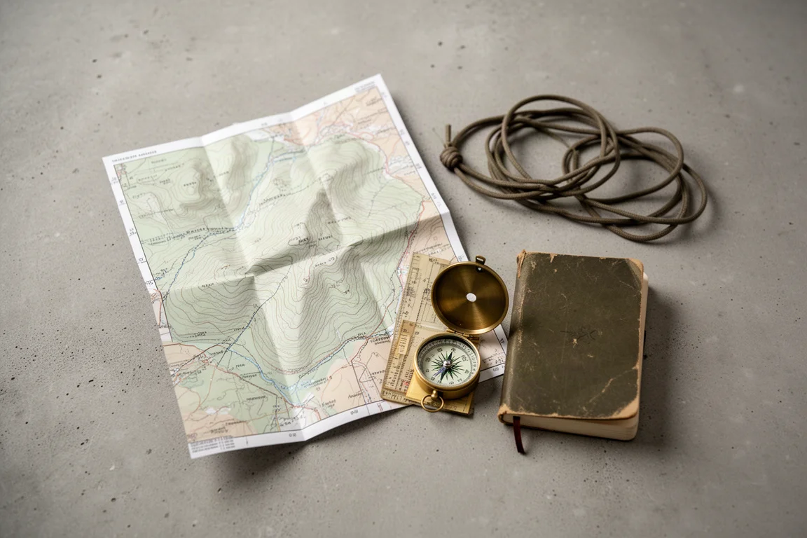 Overhead flat-lay of a paper topo map, compass, and notebook on concrete