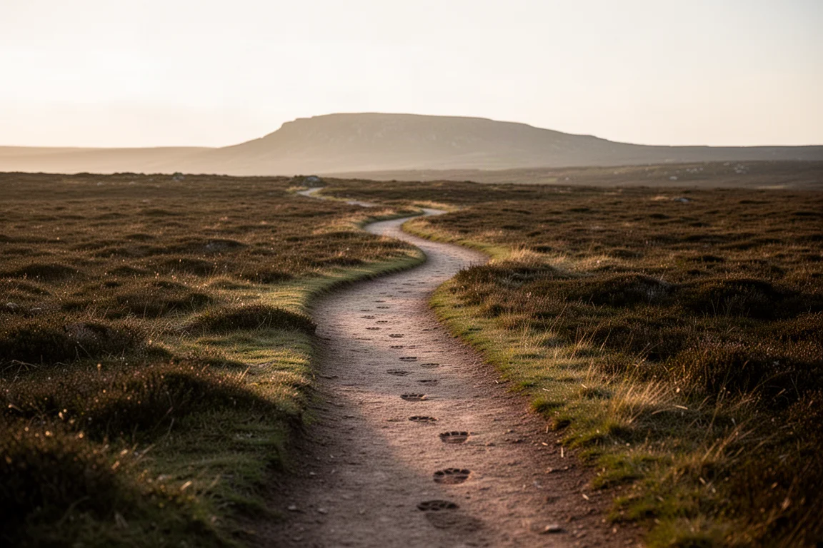 Winding single-track trail across open moorland at golden hour