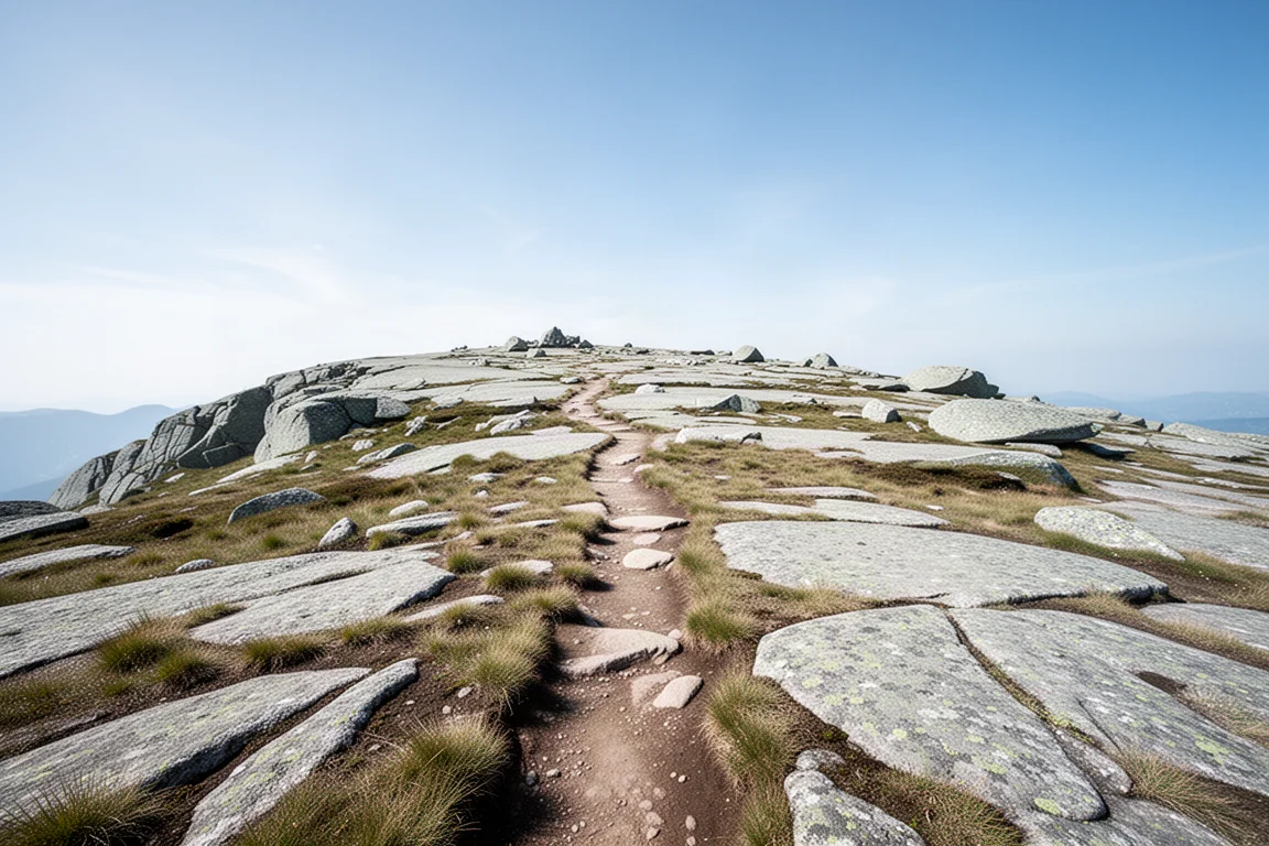 Sunlit granite summit plateau with a footpath under clear sky