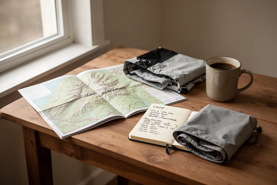 Route planning setup with topo map and notebook on a wooden table