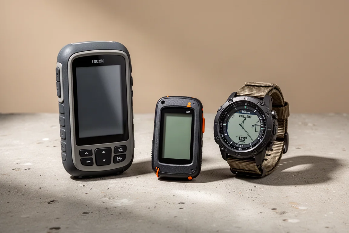Handheld GPS, compact satellite communicator, and adventure watch on a concrete surface