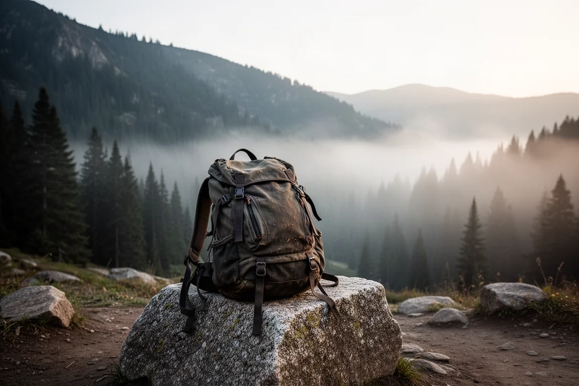 Mochila de senderismo sobre una roca de granito en un inicio de sendero con niebla