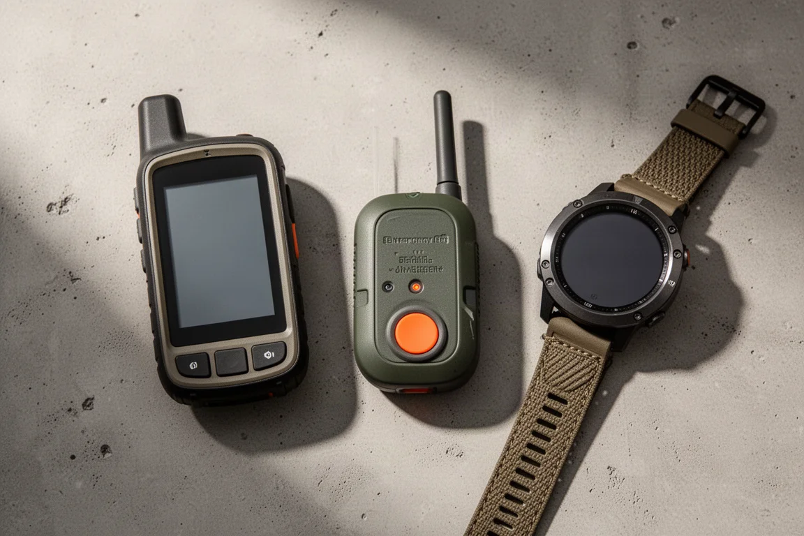 Overhead flat-lay of a handheld GPS, satellite messenger, emergency beacon and outdoor smartwatch on concrete