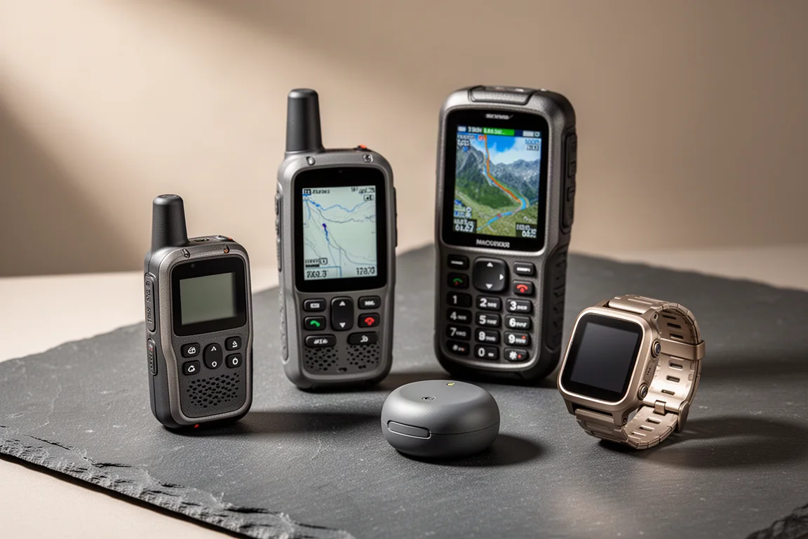 Satellite messengers, handheld GPS unit and rugged smartwatch arranged on slate