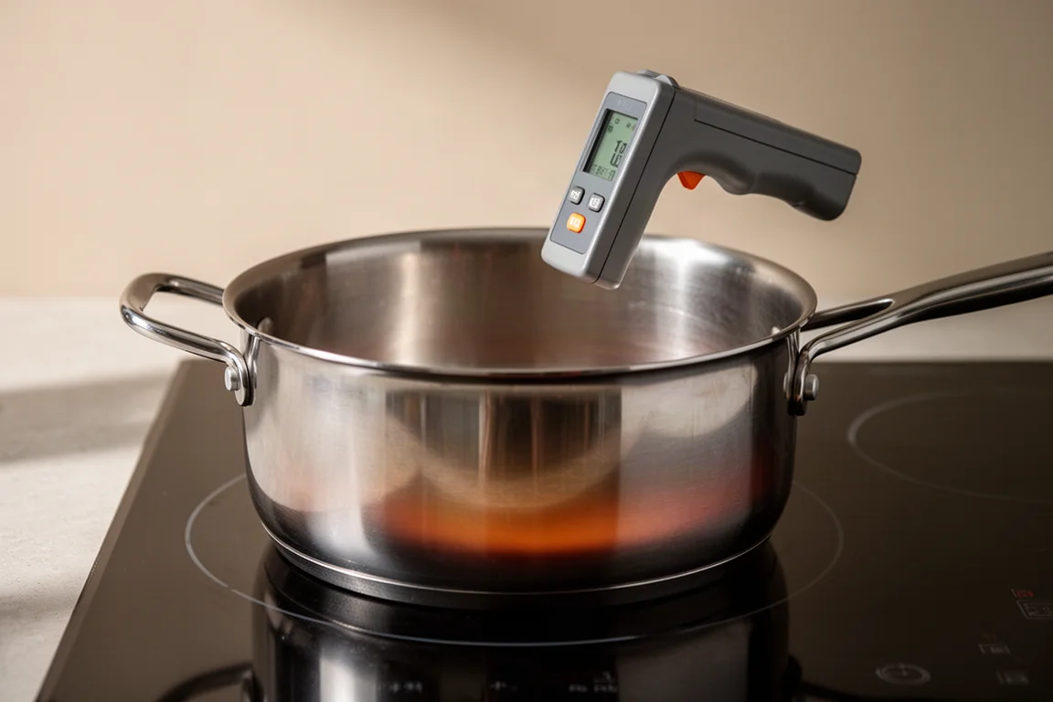 Infrared temperature readings being taken across the base of a stainless steel saucepan