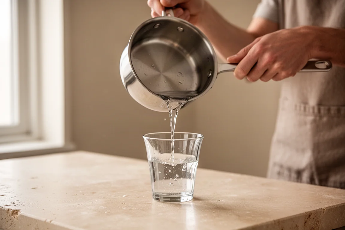 Hands tilting a saucepan to pour water into a glass on a kitchen counter