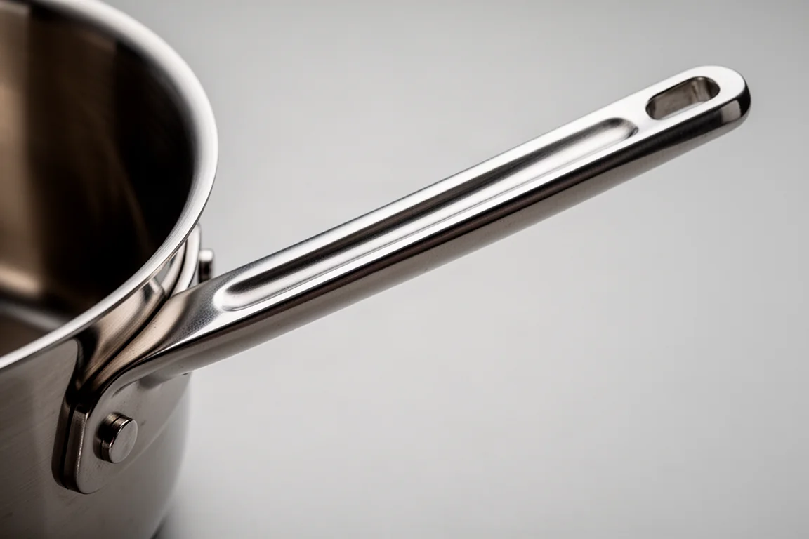 Close-up of a riveted stainless steel saucepan handle with a groove on top