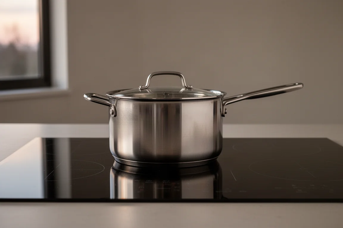 Saucepan with thick base sitting flat on an induction cooktop at home