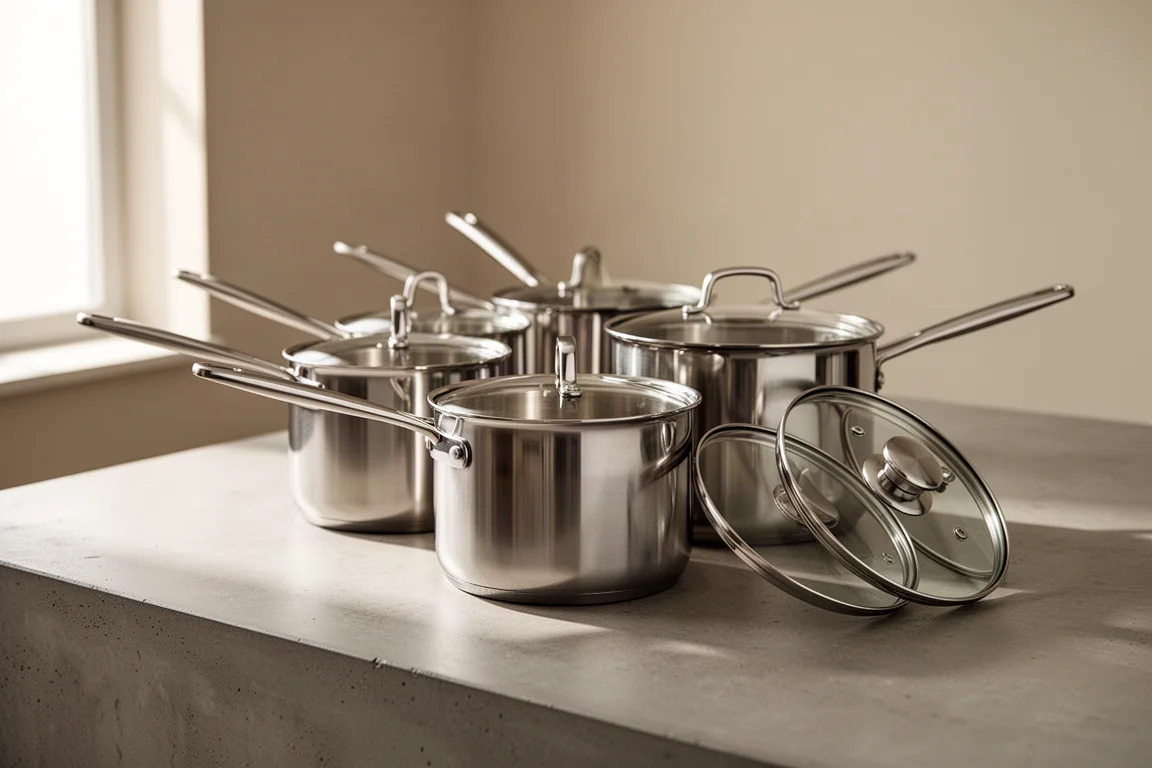 Row of stainless steel saucepans with lids on a concrete kitchen counter