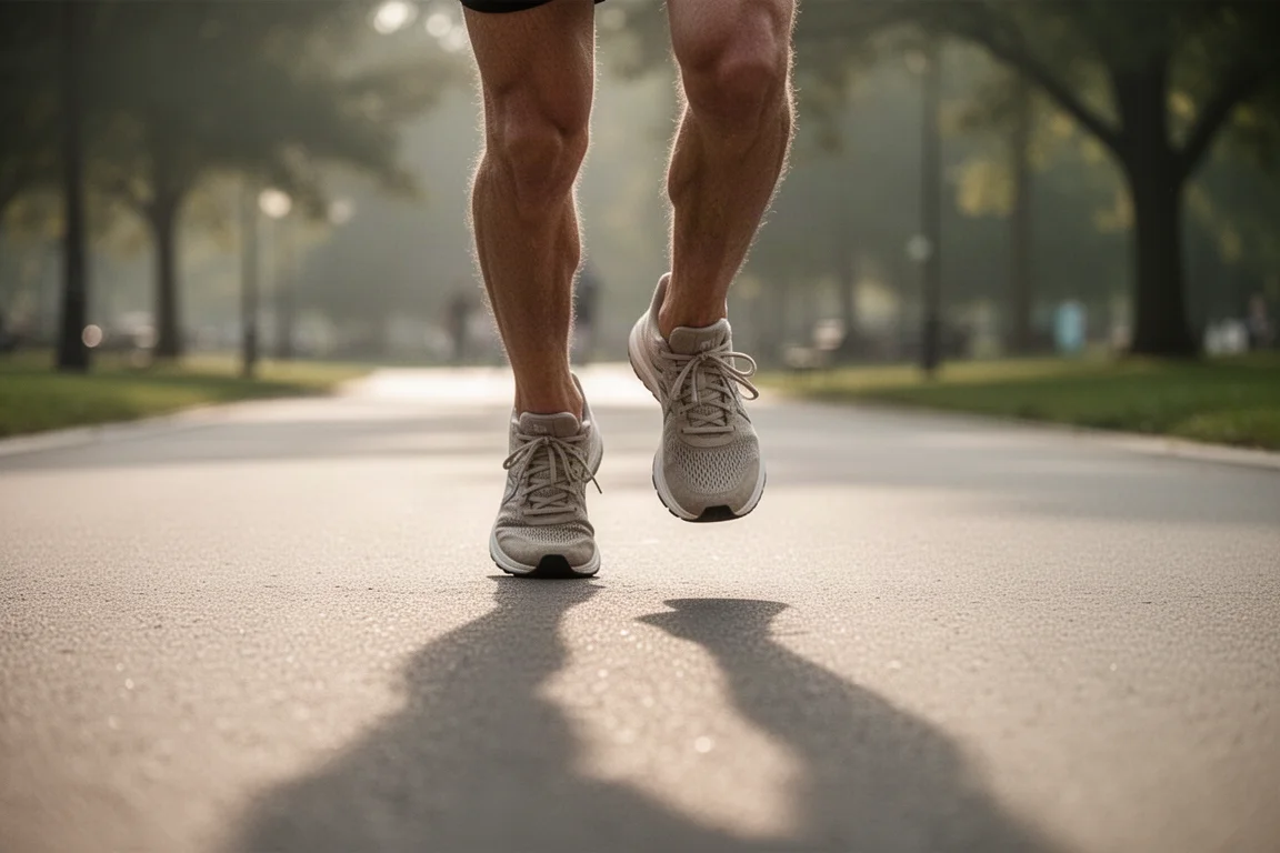 Corredores em um caminho pavimentado com tênis de corrida visíveis em plena passada