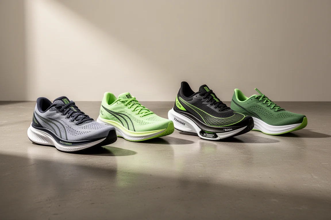 Five Saucony running shoes lined up on a concrete studio floor