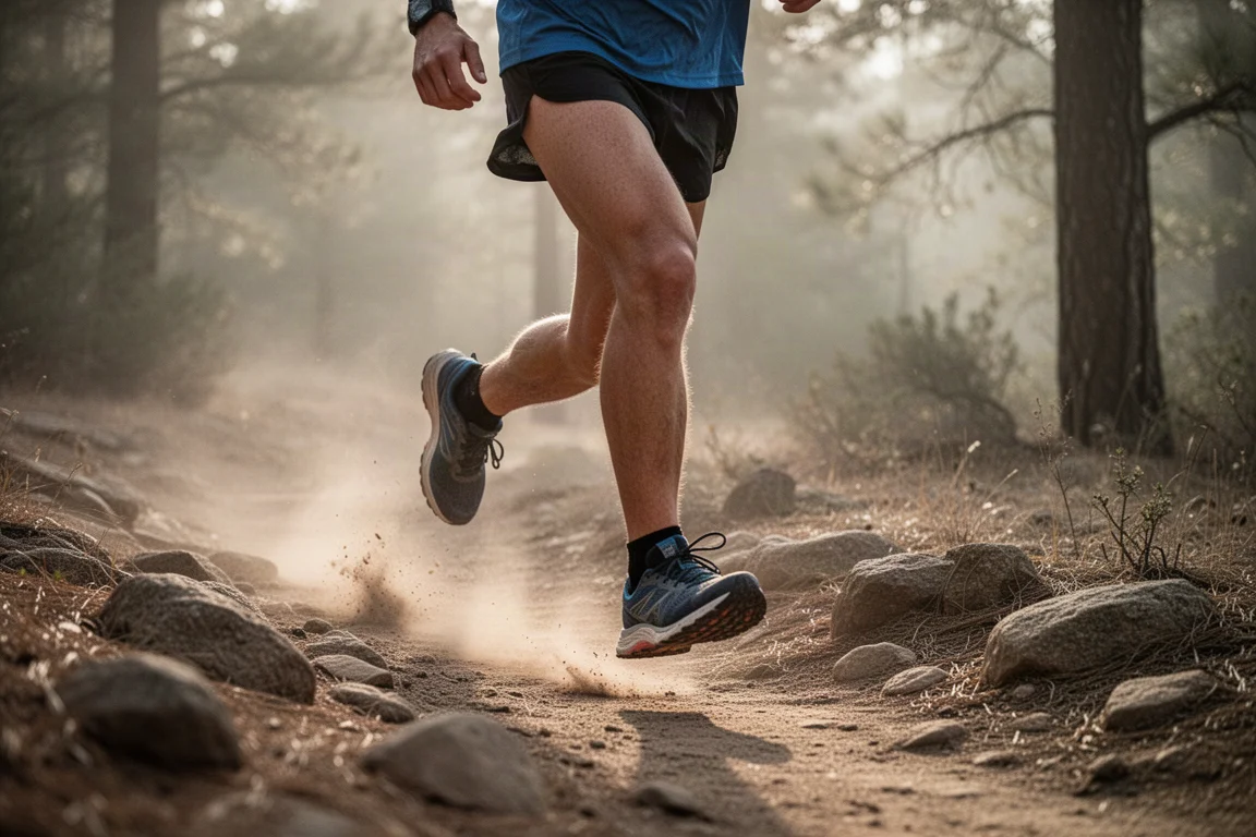 Trailrunner bewegt sich im Morgenlicht zügig über felsigen Singletrail