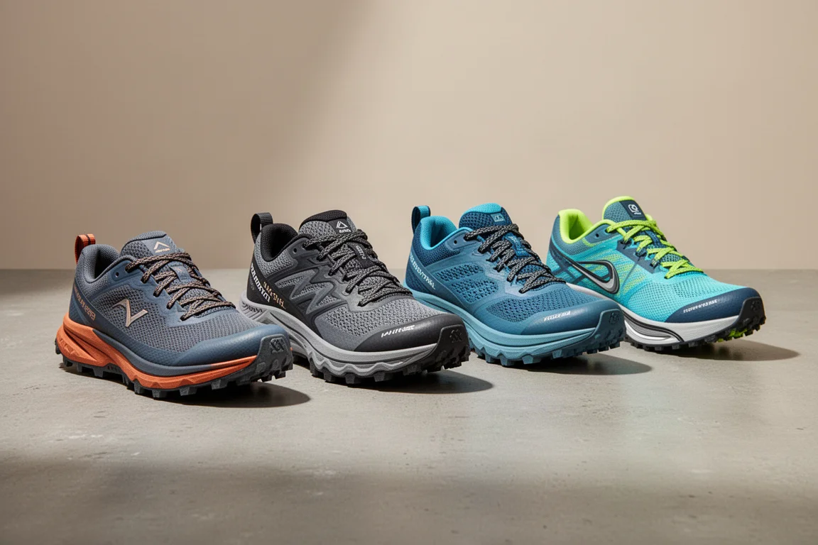 Four Saucony trail running shoes arranged in a row on a concrete surface