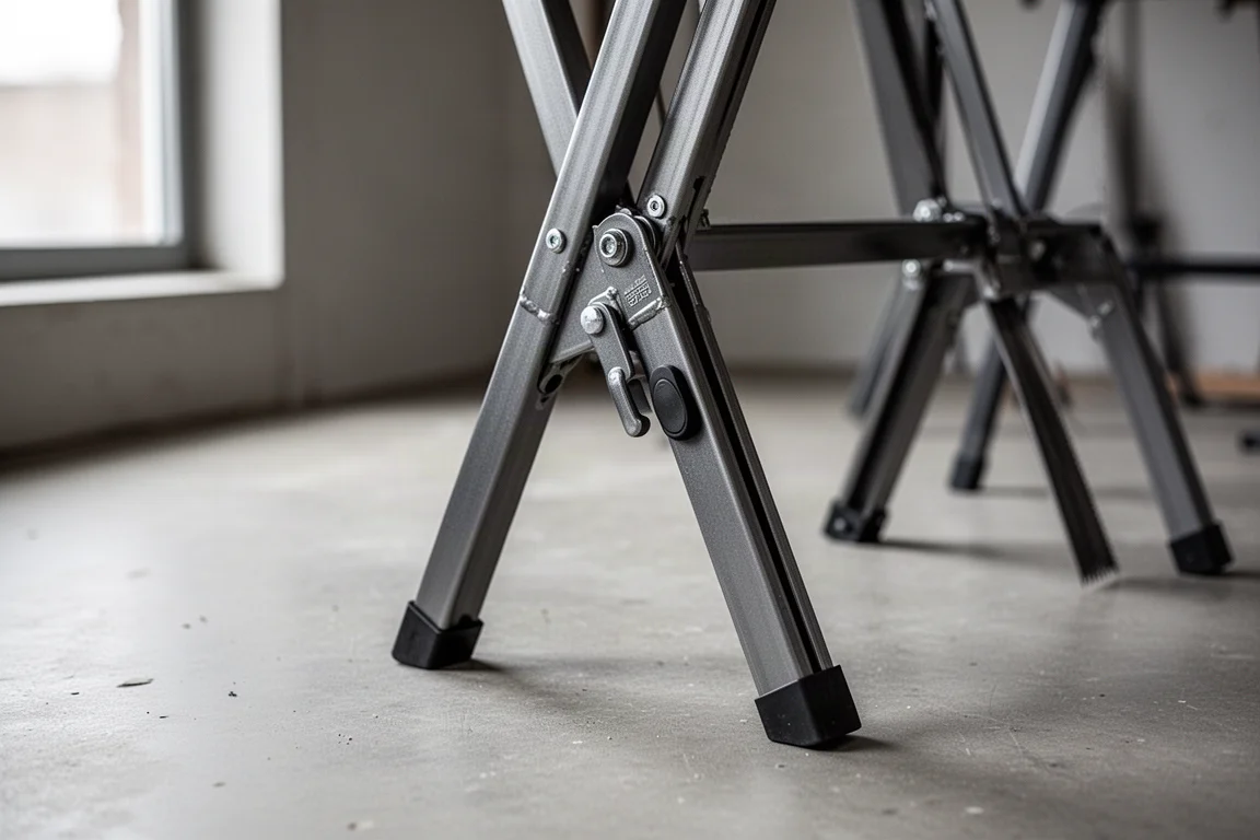 Klappbare Metallbeine eines Sägebocks, die auf einem Betonboden eingerastet werden
