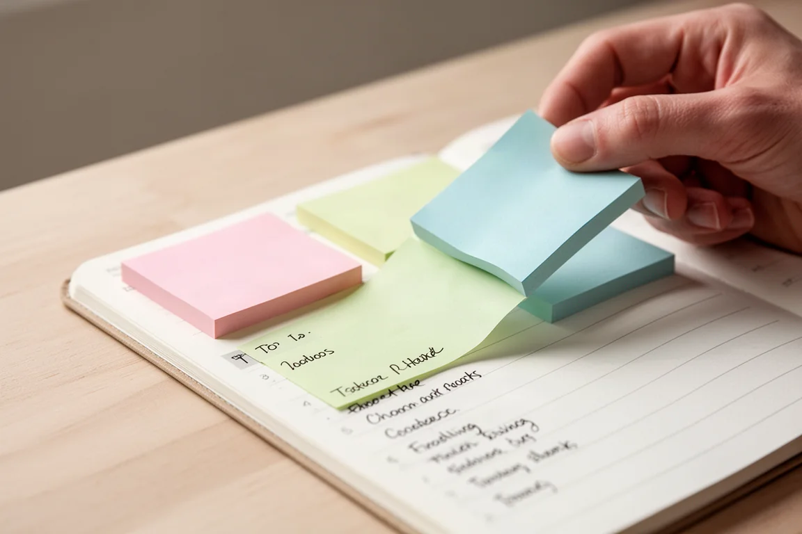Pastel sticky notes being unpeeled from a planner page on a wooden desk