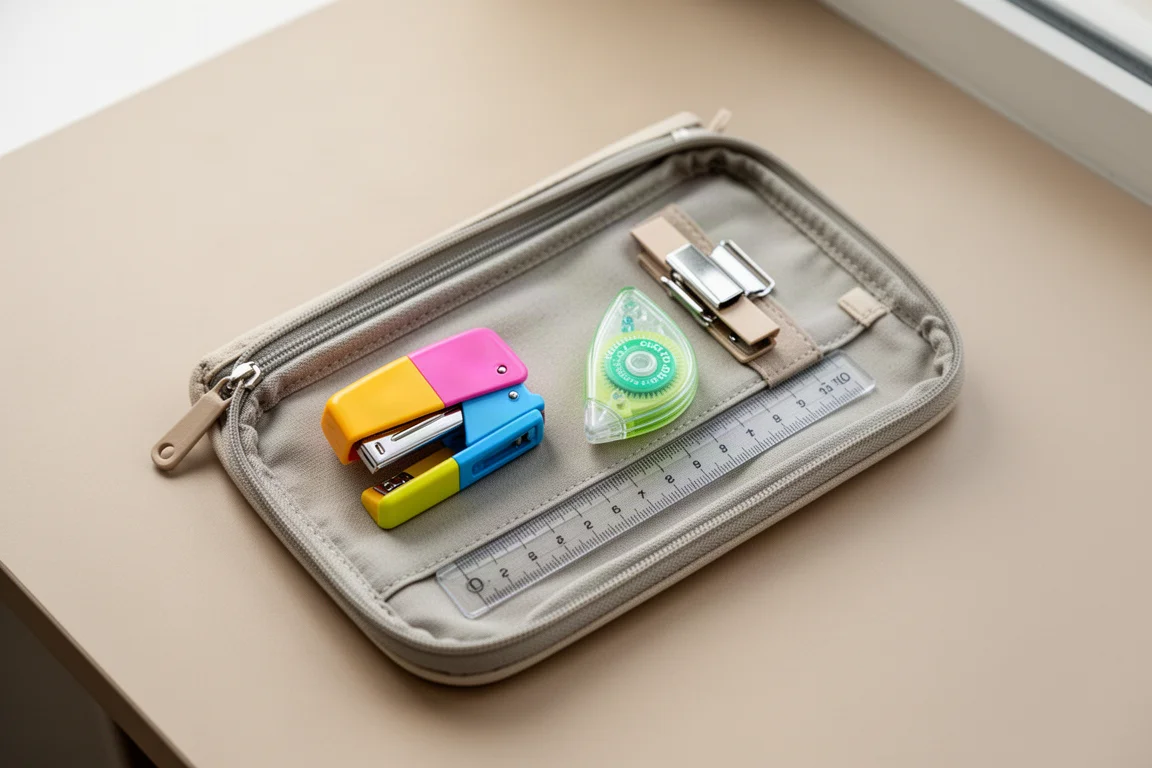 Compact stapler and correction tape arranged in an open pencil case