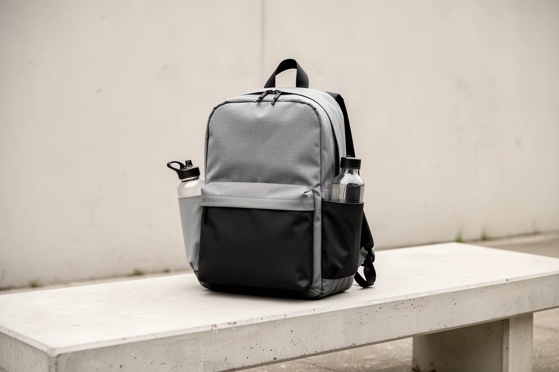 Minimalist monochrome backpack with side water bottle pocket on a bench