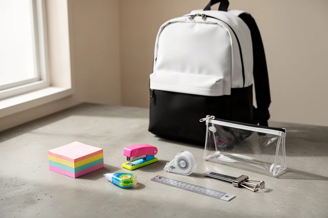 Flat-lay of school supplies including sticky notes, stapler, correction tape, ruler, clear pouch, and a minimalist backpack