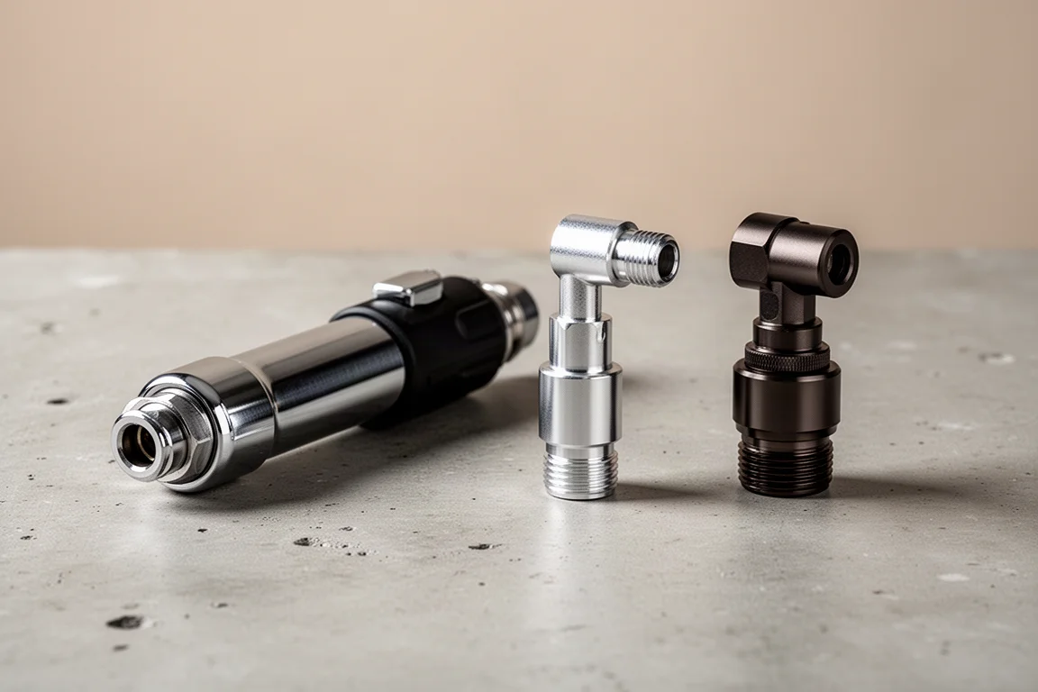 Three air chuck inflator heads lined up on a matte concrete surface