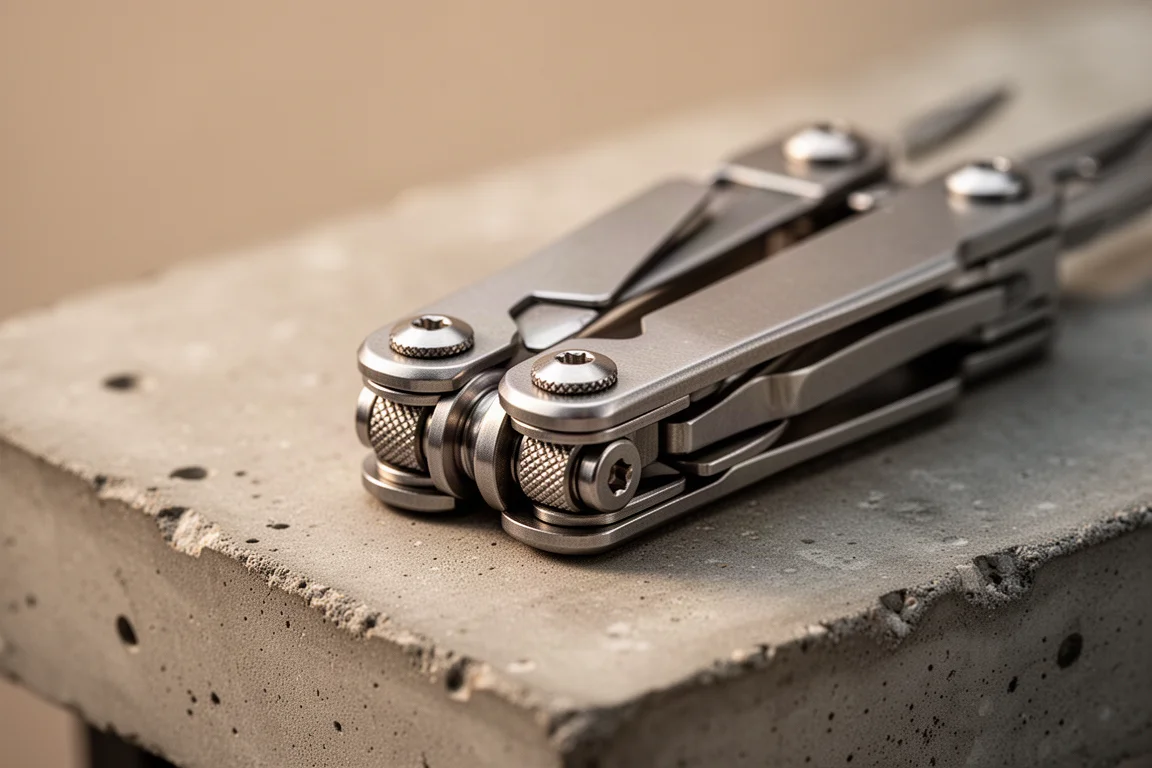 Primo piano di un multi-tool con viti zigrinate esposte su un banco di lavoro