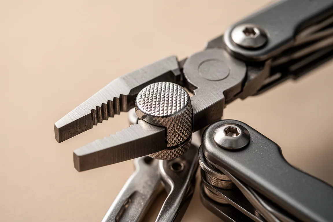 Pinza per viti che afferra una vite zigrinata di un multi-tool durante la regolazione